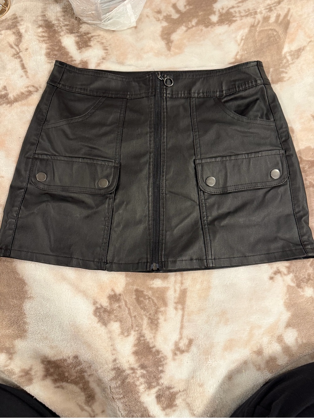 Black Faux-Leather Cargo Mini Skirt with Front Zip